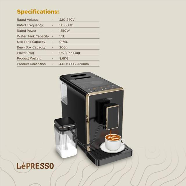 LePresso 20 Bar Automatic Espresso Machine Adjustable Grinder Hot Water Dispenser Multiple Brewing Options Black LP003 LPCFFM0003 BK